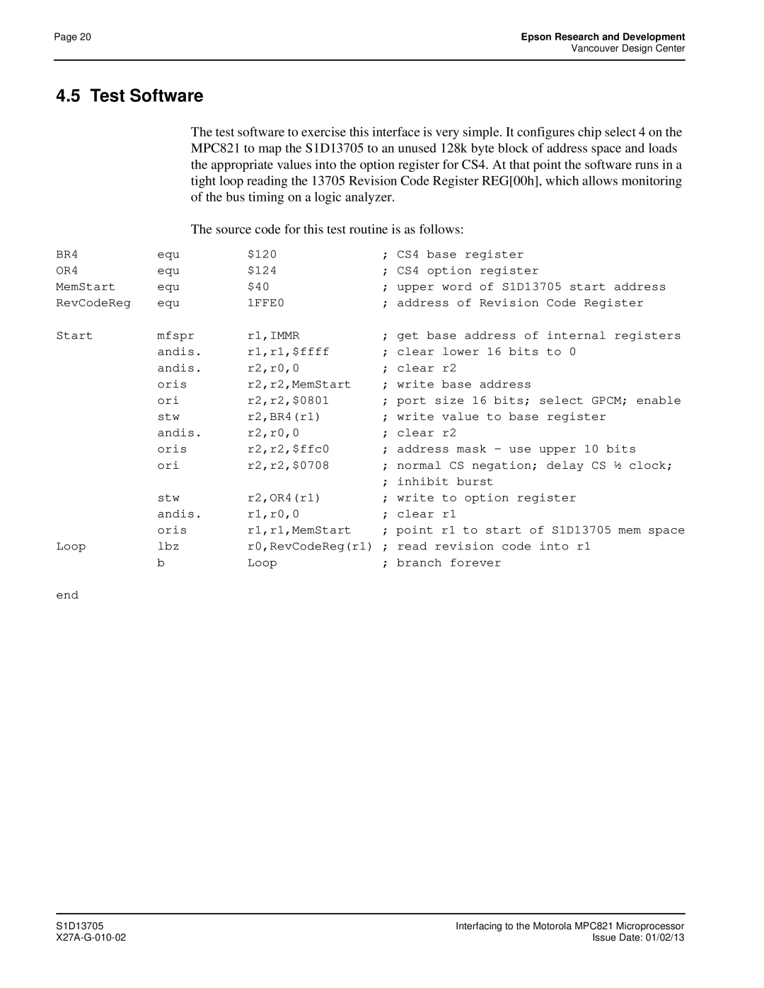 Epson S1D13705 technical manual Test Software, 1FFE0 