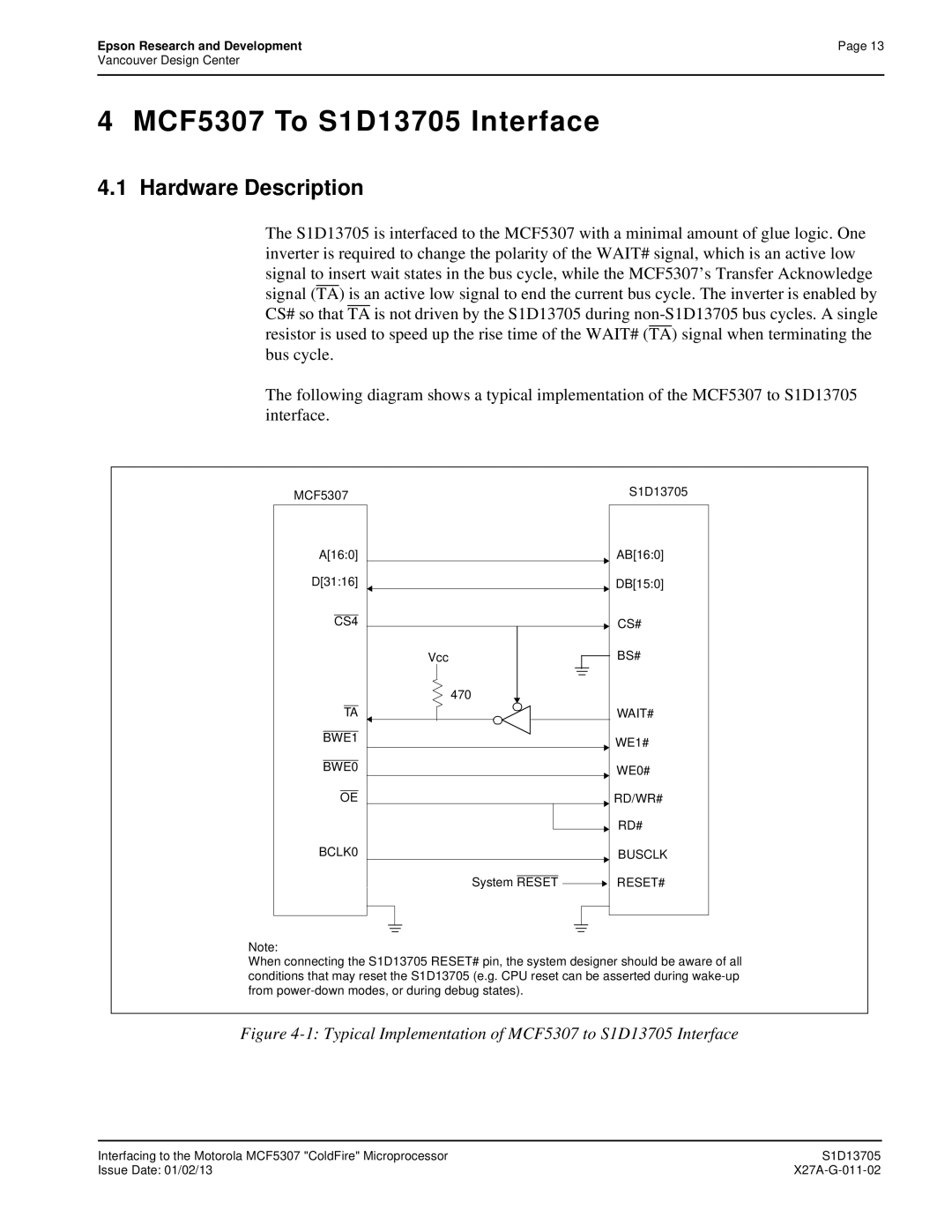 Epson technical manual MCF5307 To S1D13705 Interface, Typical Implementation of MCF5307 to S1D13705 Interface 