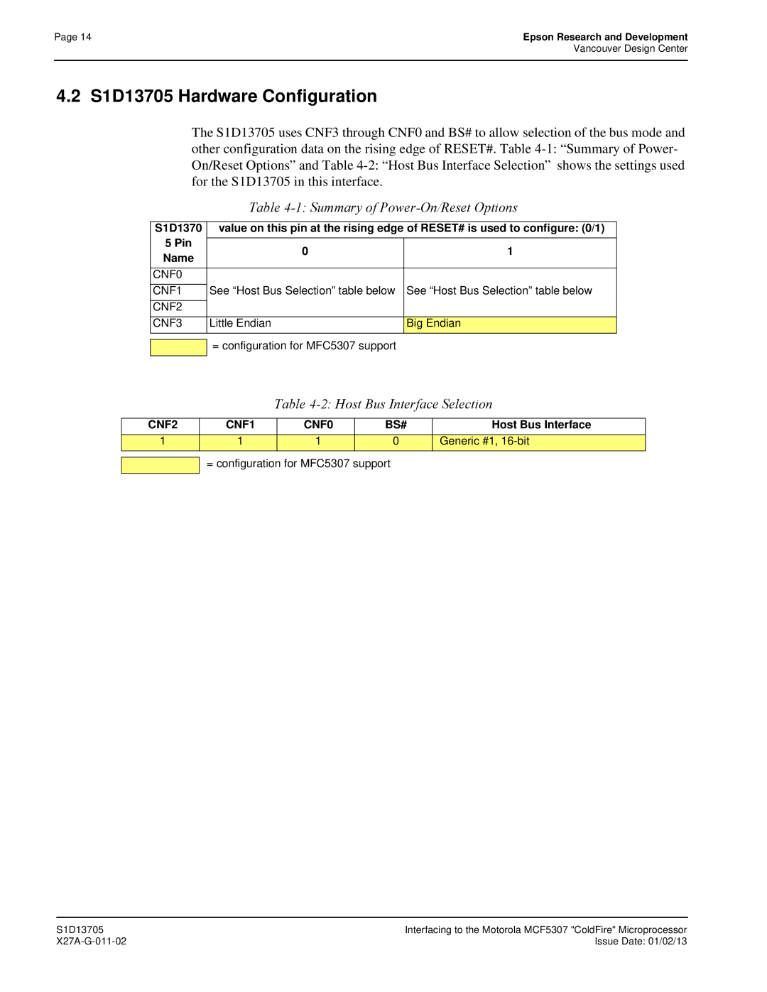 Epson S1D13705 technical manual Little Endian Big Endian = configuration for MFC5307 support 