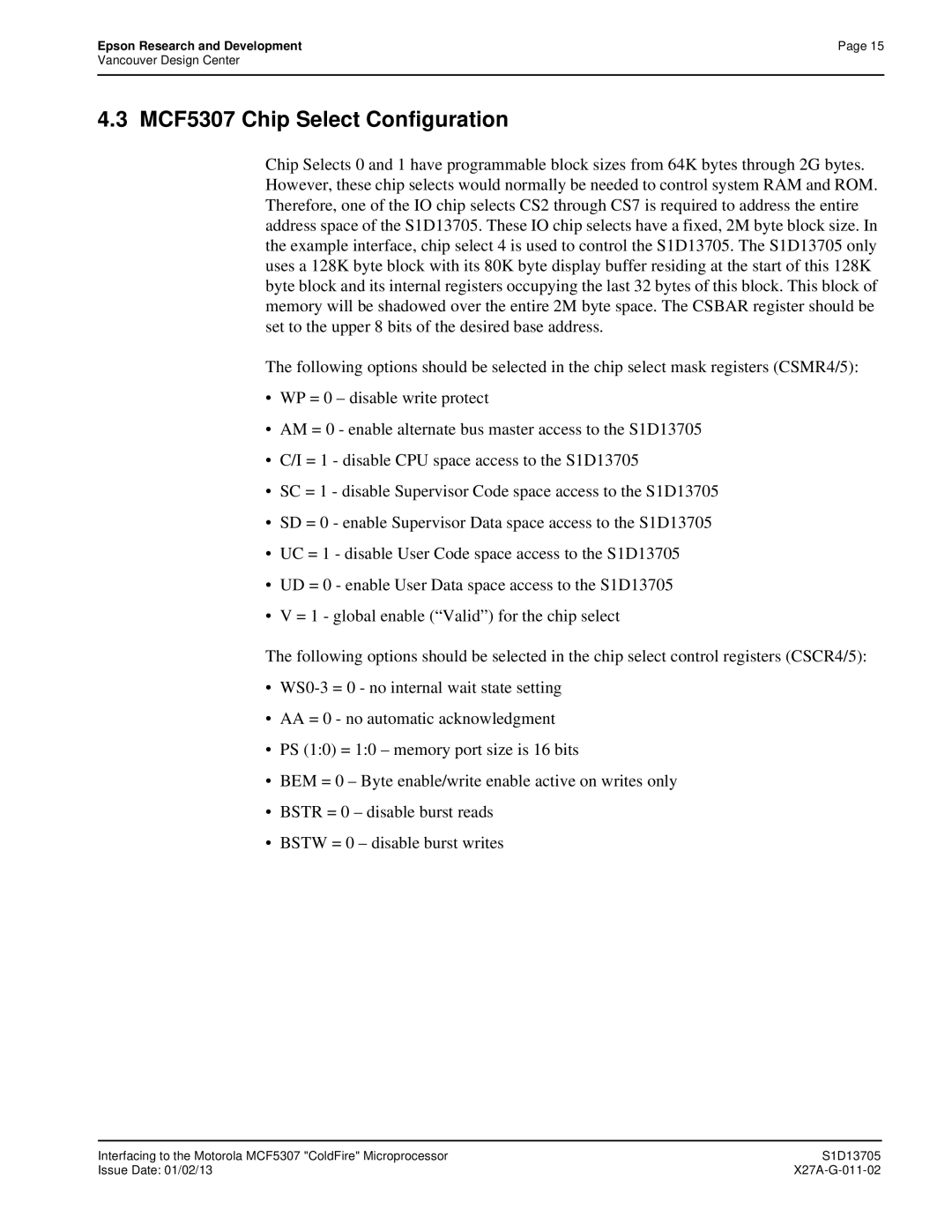 Epson S1D13705 technical manual MCF5307 Chip Select Configuration 