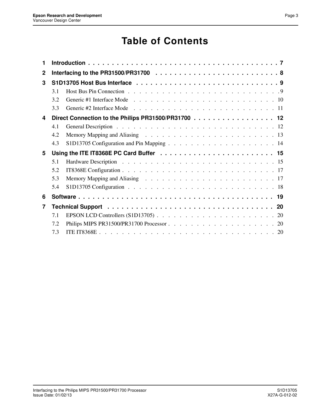 Epson S1D13705 technical manual Table of Contents, Direct Connection to the Philips PR31500/PR31700 