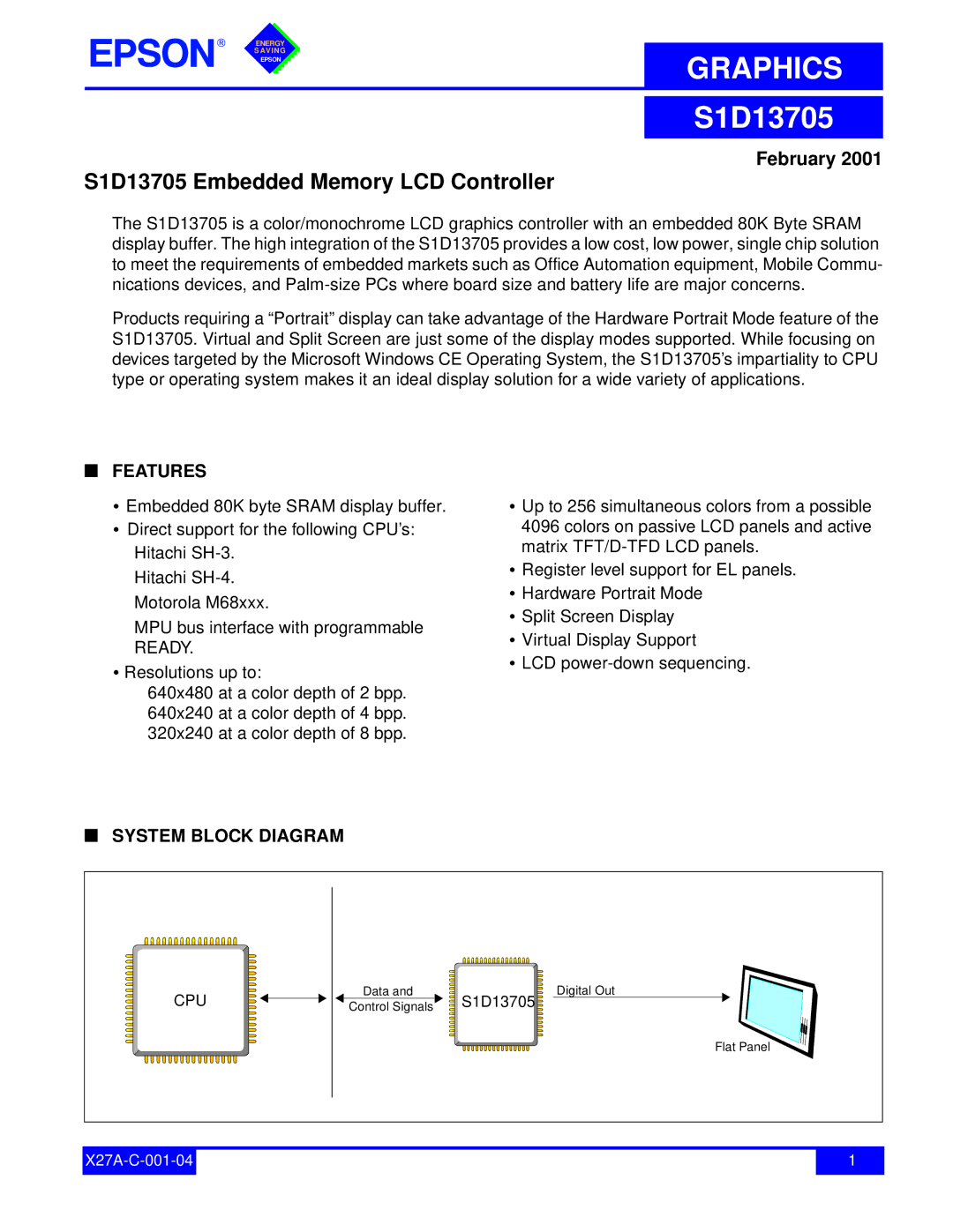 Epson technical manual S1D13705 Embedded Memory LCD Controller, February 