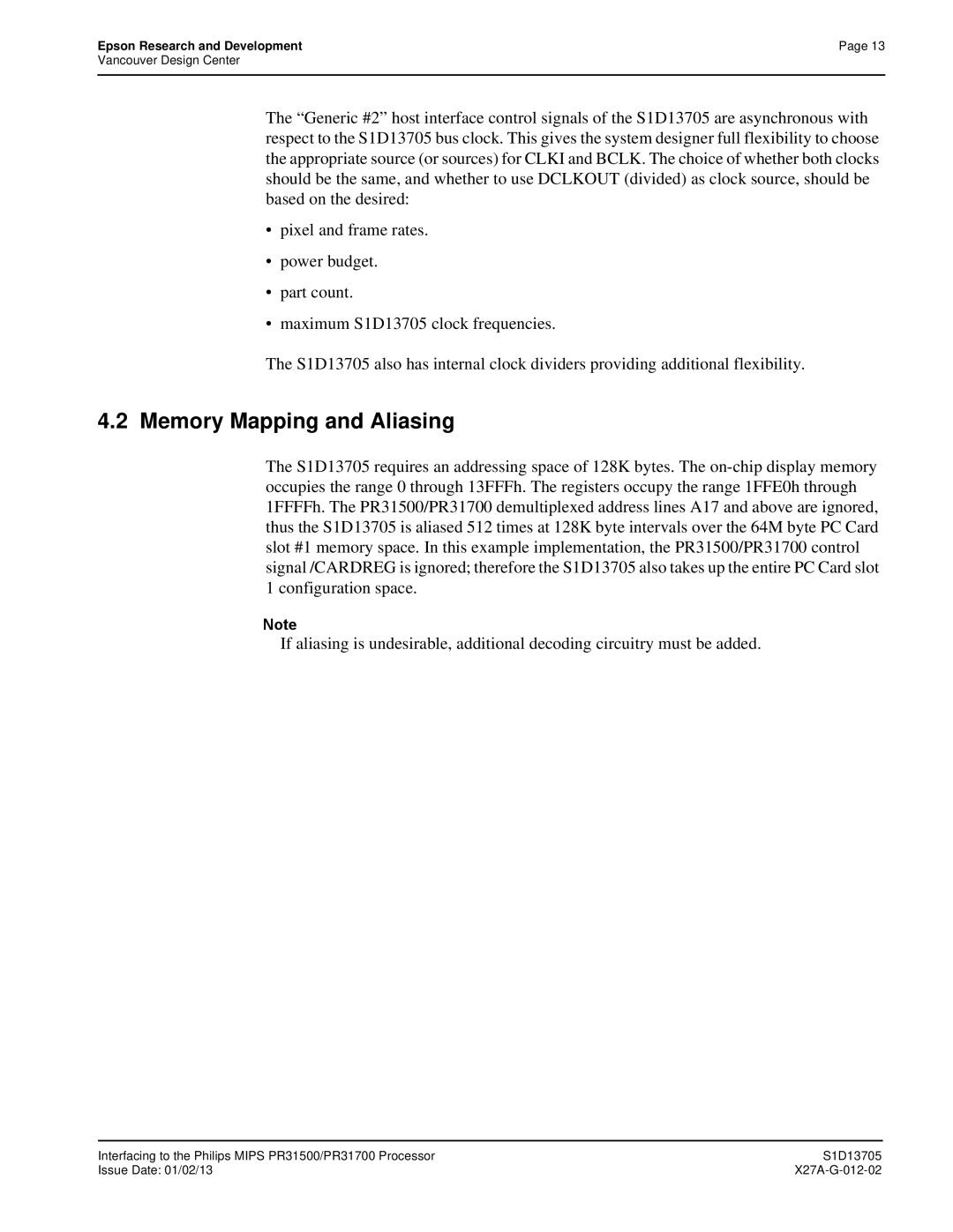 Epson S1D13705 technical manual Memory Mapping and Aliasing 