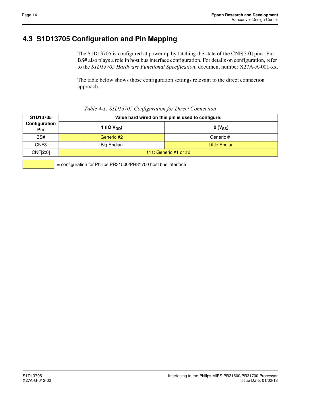 Epson technical manual S1D13705 Configuration and Pin Mapping, S1D13705 Configuration for Direct Connection 