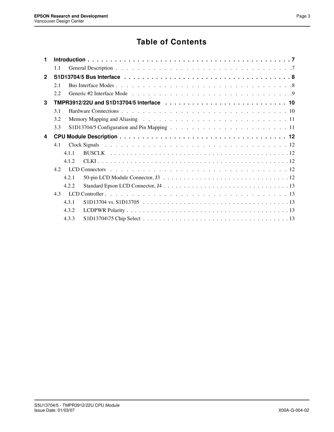 Epson S1D13705 technical manual Table of Contents 