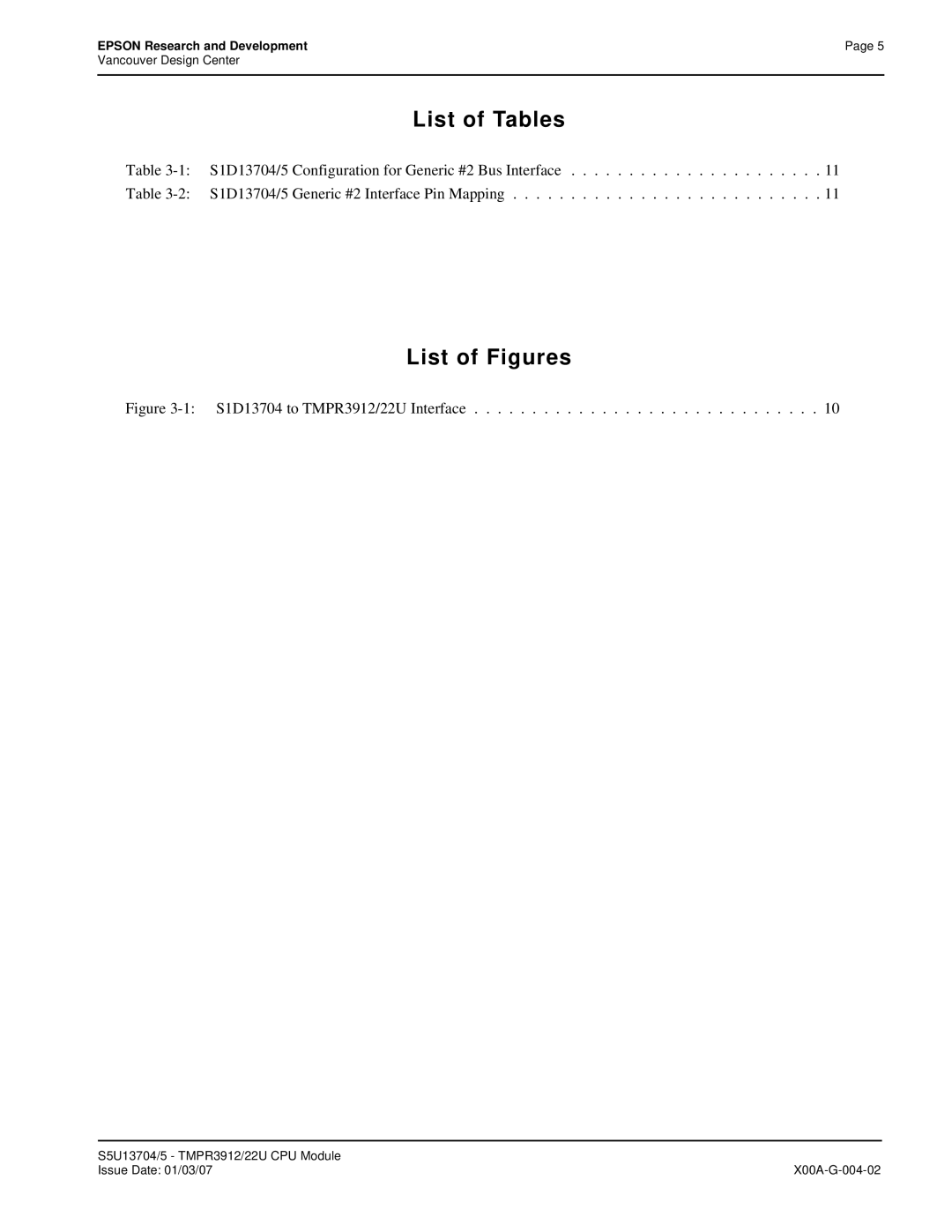 Epson S1D13705 technical manual List of Tables, List of Figures 