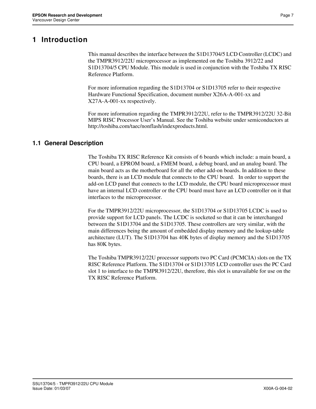 Epson S1D13705 technical manual Introduction, General Description 