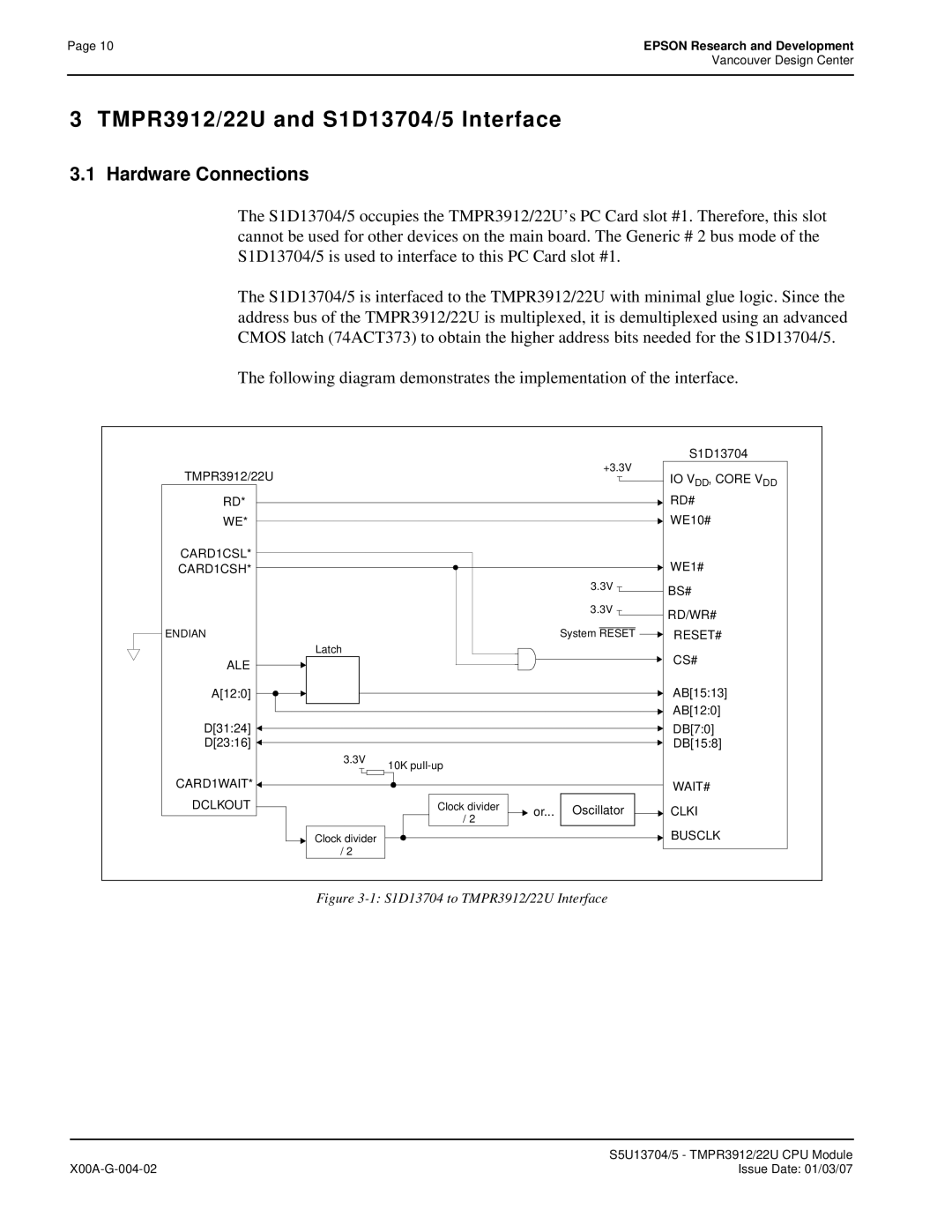 Epson S1D13705 technical manual TMPR3912/22U and S1D13704/5 Interface, Hardware Connections 