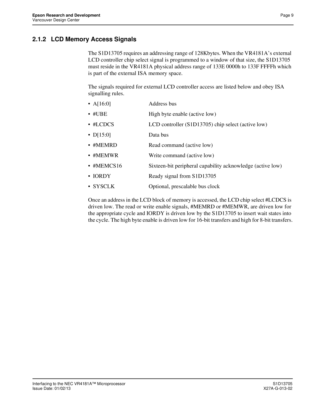 Epson S1D13705 technical manual LCD Memory Access Signals 