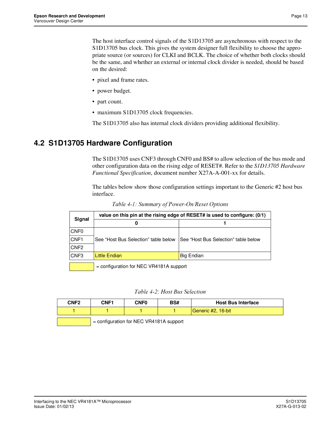 Epson technical manual S1D13705 Hardware Configuration 