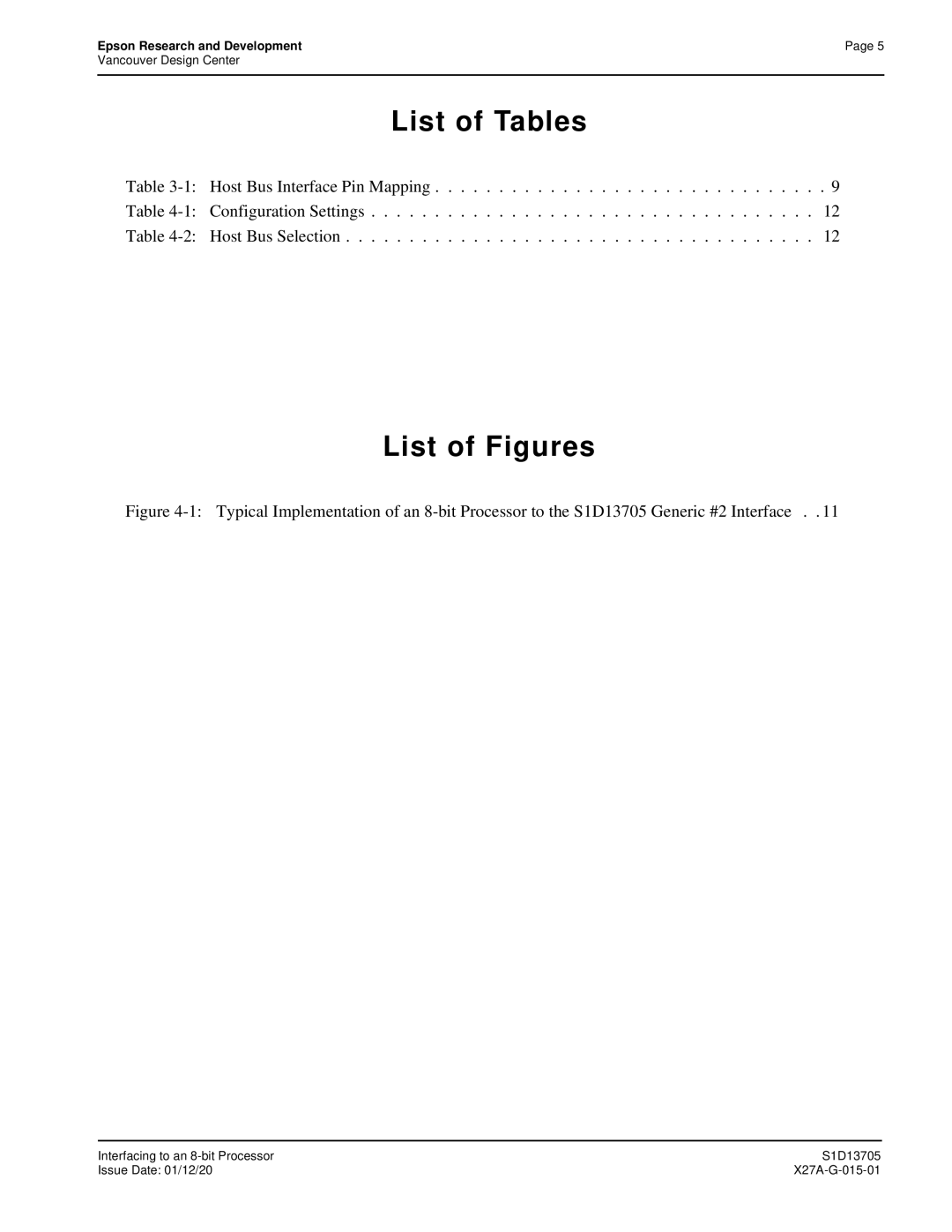 Epson S1D13705 technical manual List of Tables 