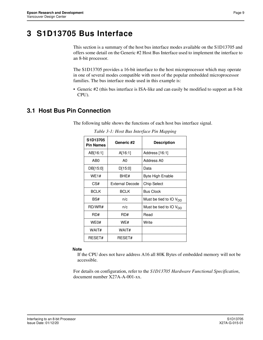 Epson technical manual S1D13705 Generic #2 Description Pin Names 