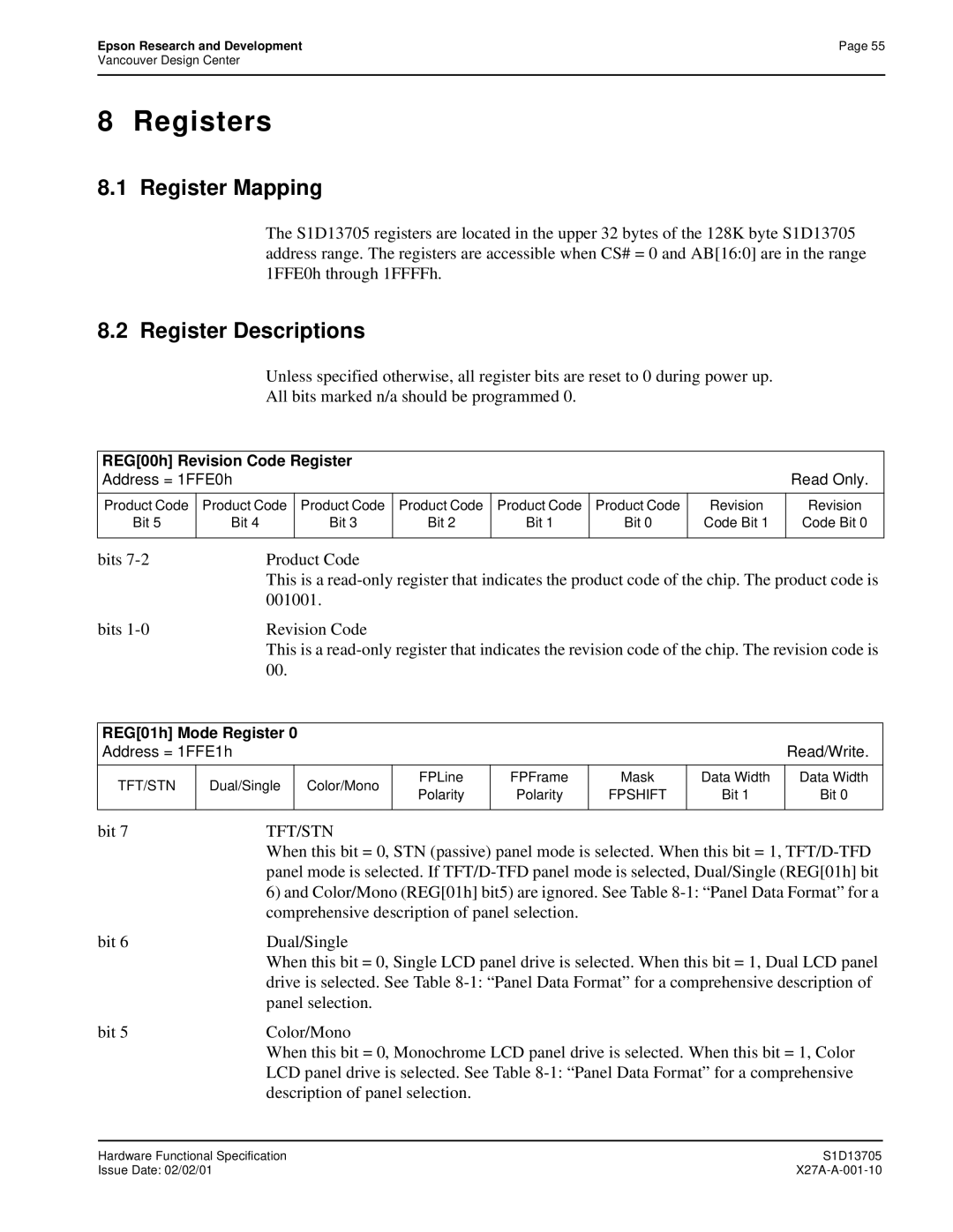 Epson S1D13705 Registers, Register Mapping, Register Descriptions, Bit, Comprehensive description of panel selection 