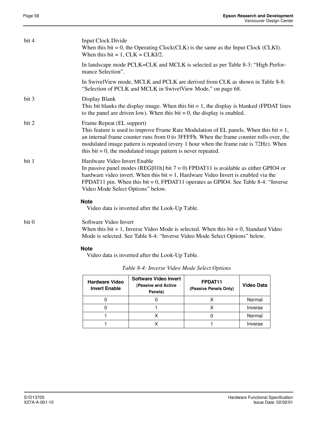 Epson S1D13705 technical manual Video Mode Select Options below, Video data is inverted after the Look-Up Table 