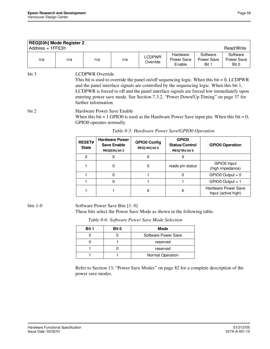 Epson S1D13705 technical manual Hardware Power Save/GPIO0 Operation, Software Power Save Mode Selection 