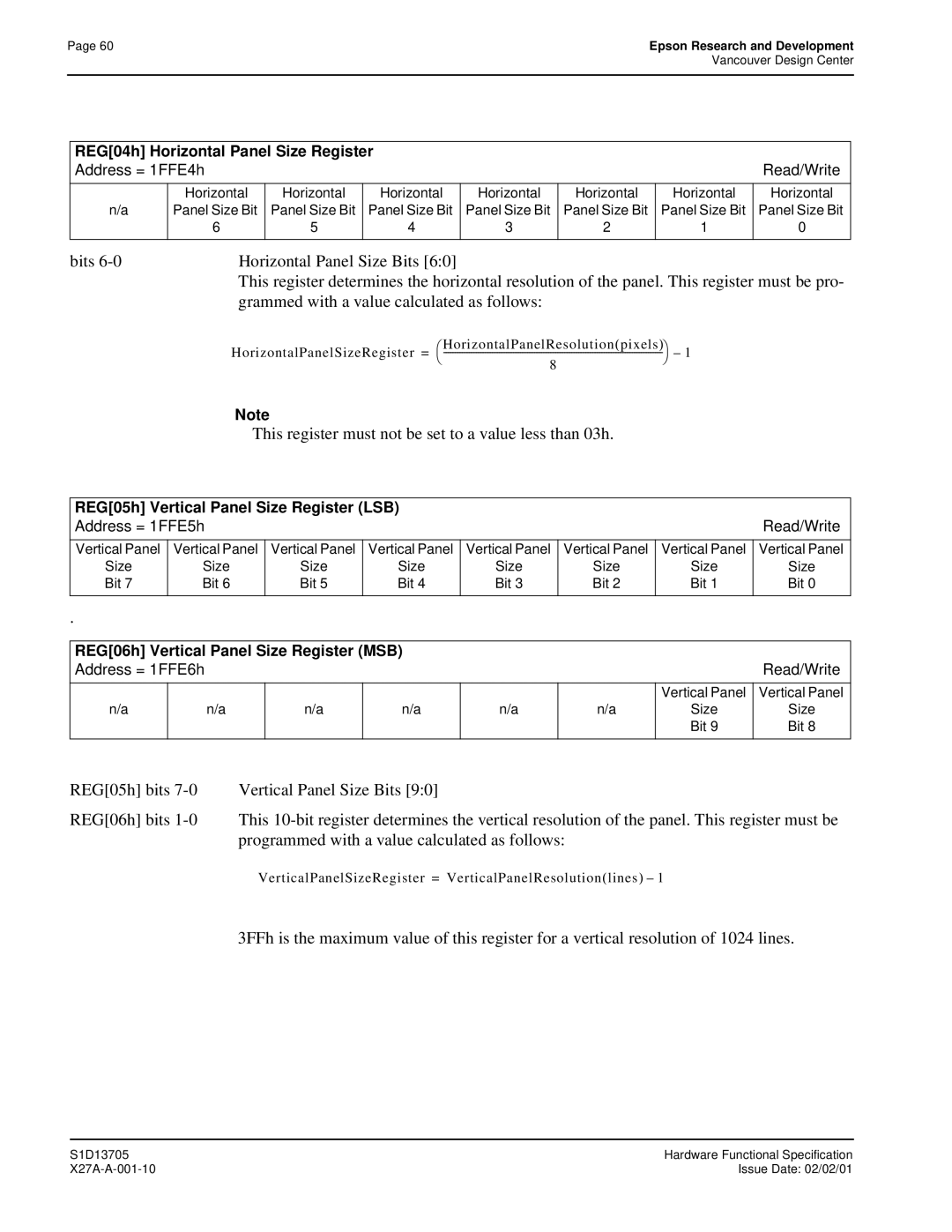 Epson S1D13705 technical manual This register must not be set to a value less than 03h, Vertical Panel, Size Bit 