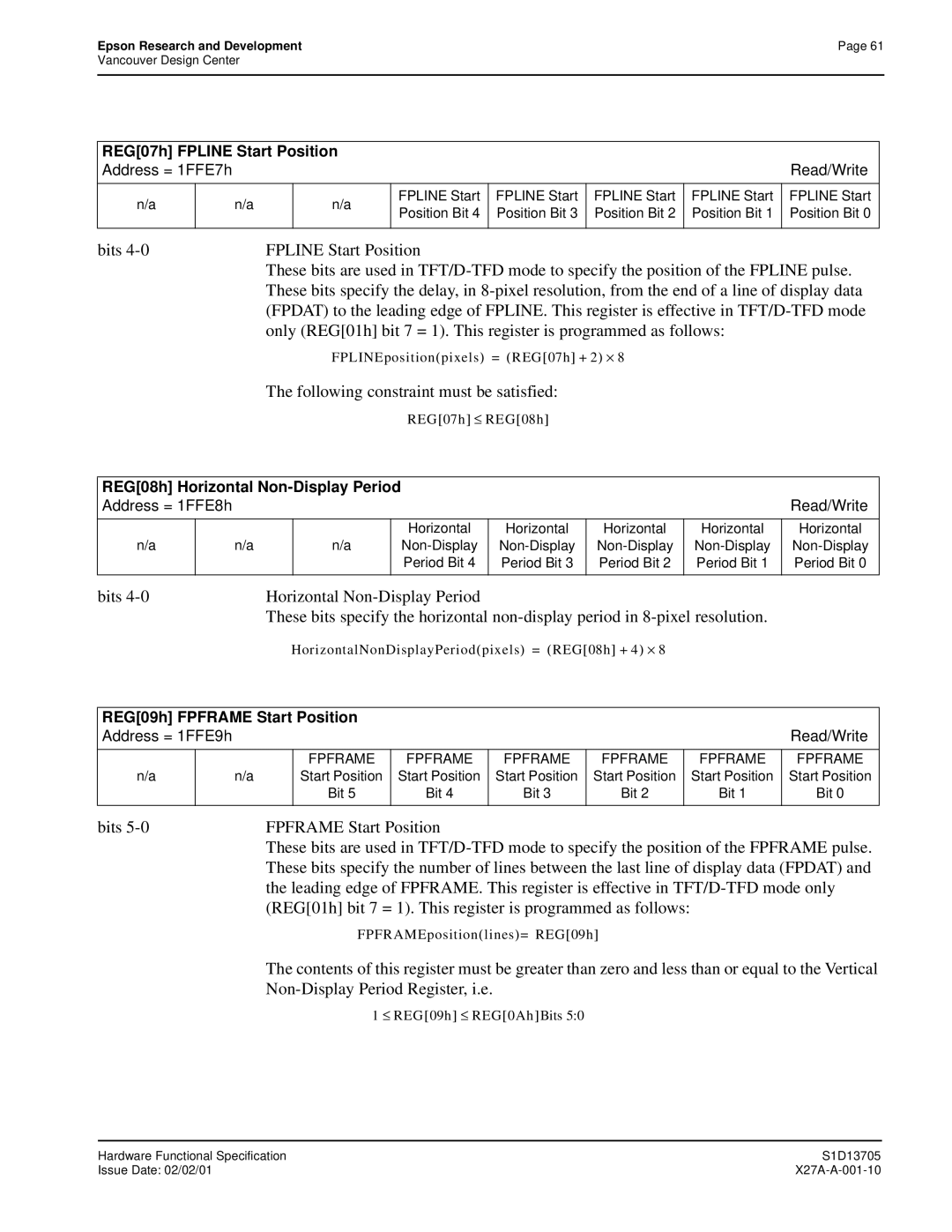 Epson S1D13705 technical manual Following constraint must be satisfied, Fpline Start 