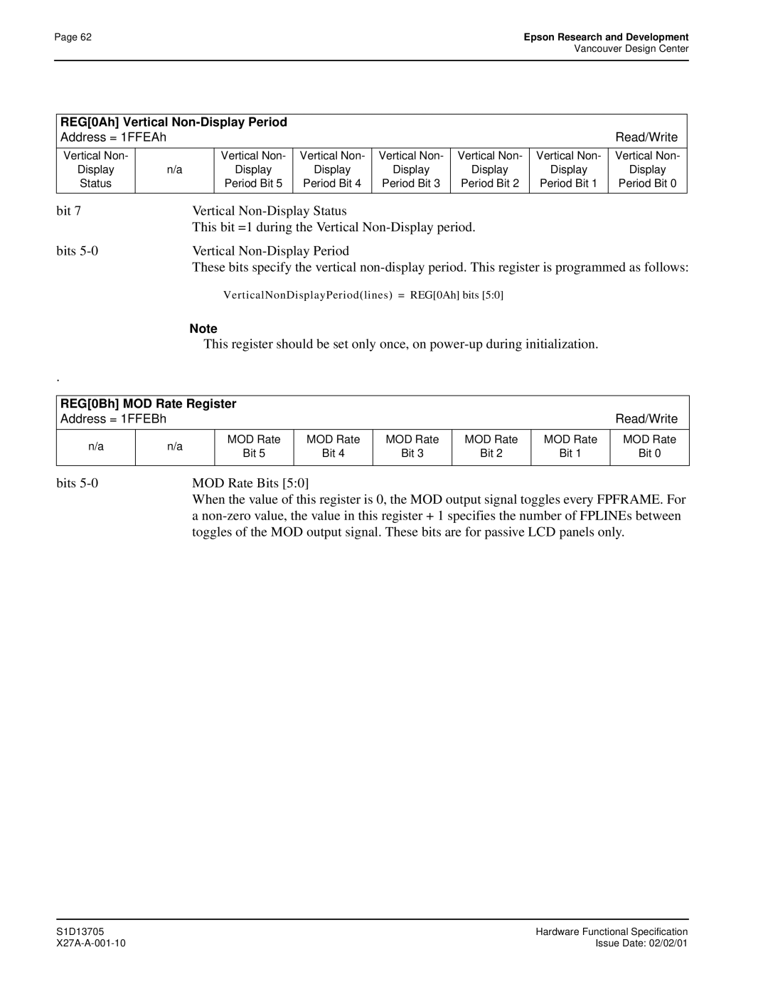 Epson S1D13705 technical manual Vertical Non, MOD Rate Bit 