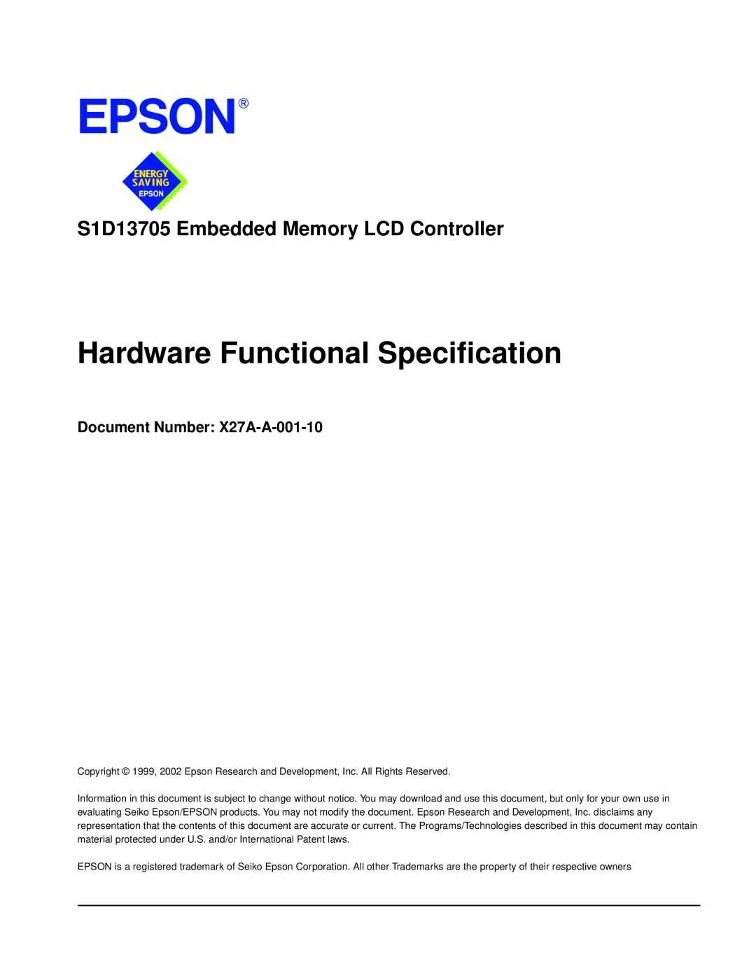 Epson S1D13705 technical manual Hardware Functional Specification, Document Number X27A-A-001-10 