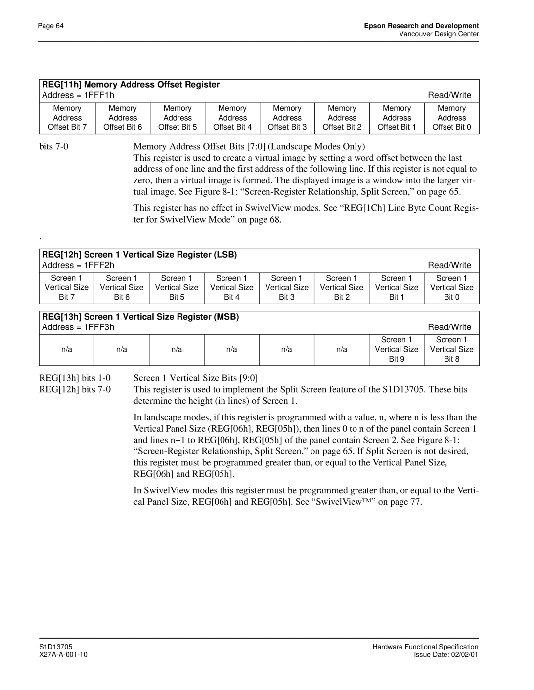 Epson S1D13705 technical manual Memory, Offset Bit, Vertical Size Bit 