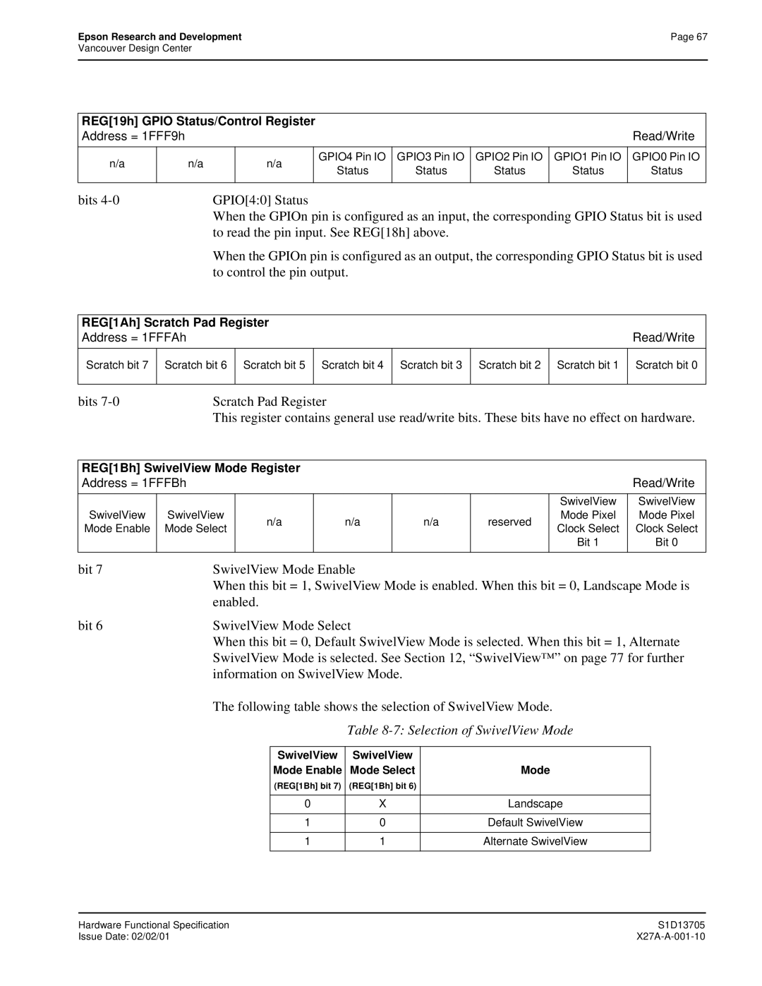 Epson S1D13705 technical manual Selection of SwivelView Mode, SwivelView Mode Enable Mode Select 