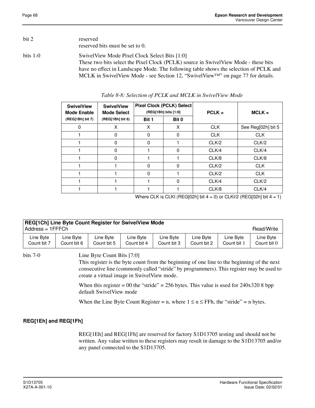 Epson S1D13705 technical manual Selection of Pclk and Mclk in SwivelView Mode, Create a virtual image in SwivelView mode 