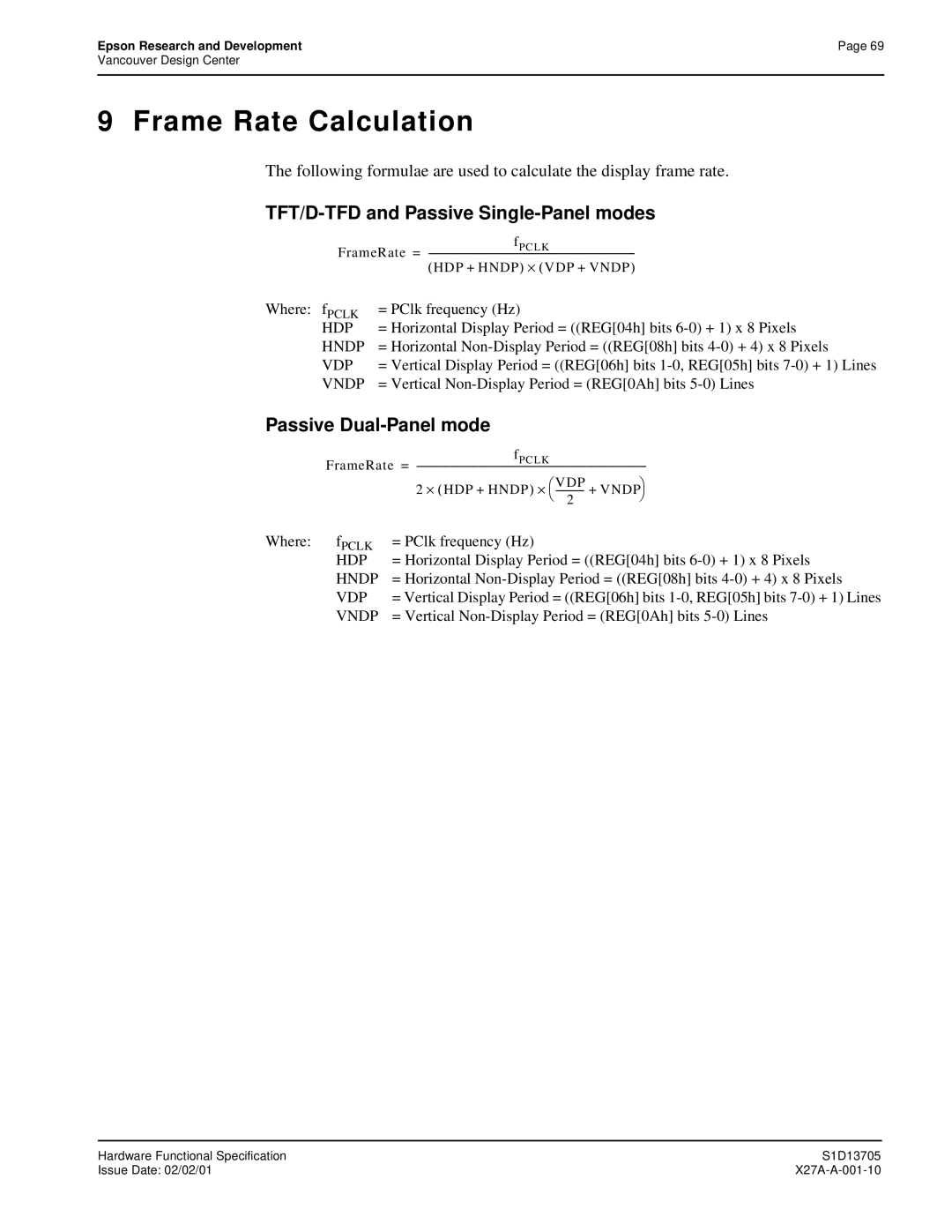 Epson S1D13705 technical manual Frame Rate Calculation, TFT/D-TFD and Passive Single-Panel modes, Passive Dual-Panel mode 