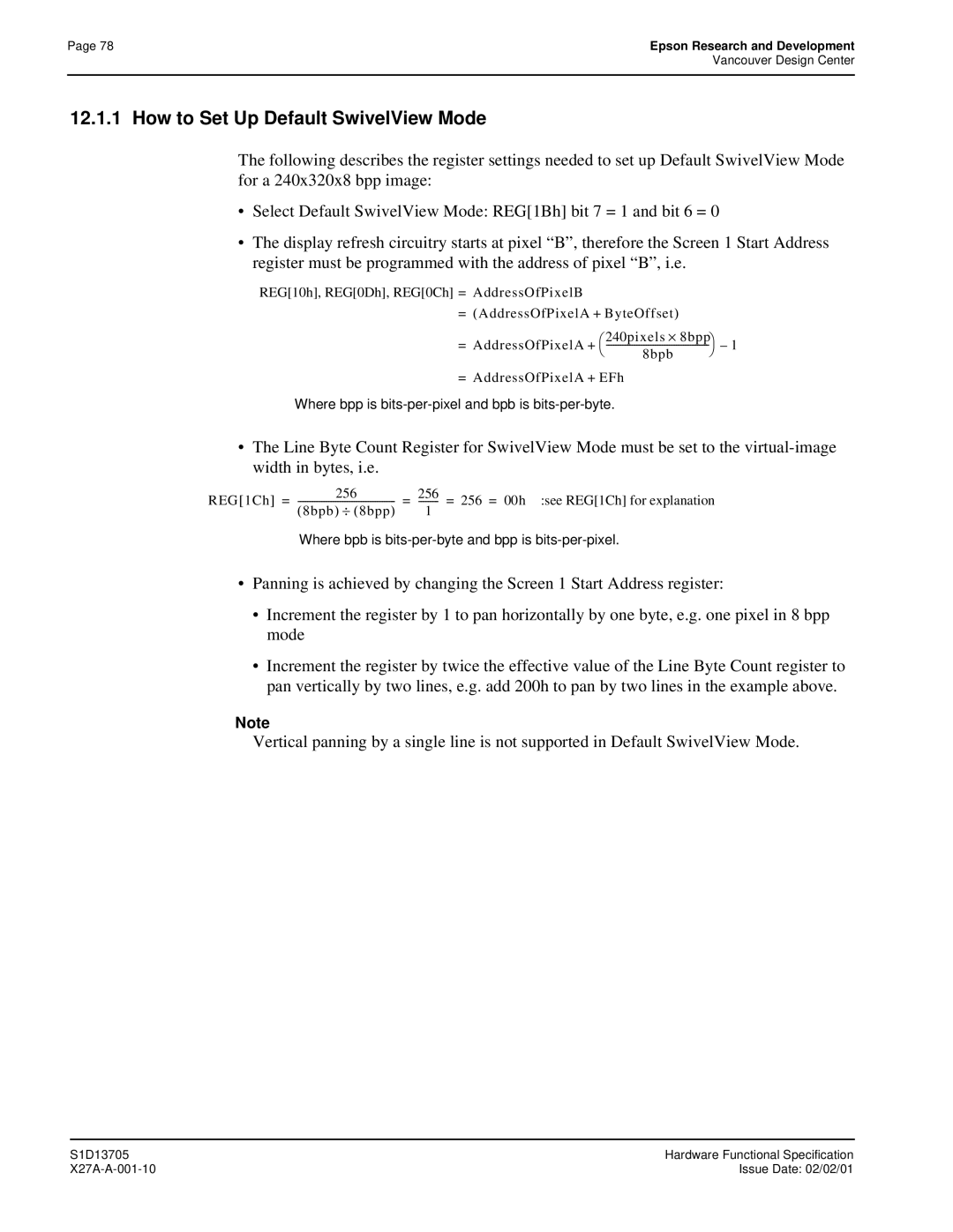 Epson S1D13705 technical manual How to Set Up Default SwivelView Mode, Where bpp is bits-per-pixel and bpb is bits-per-byte 