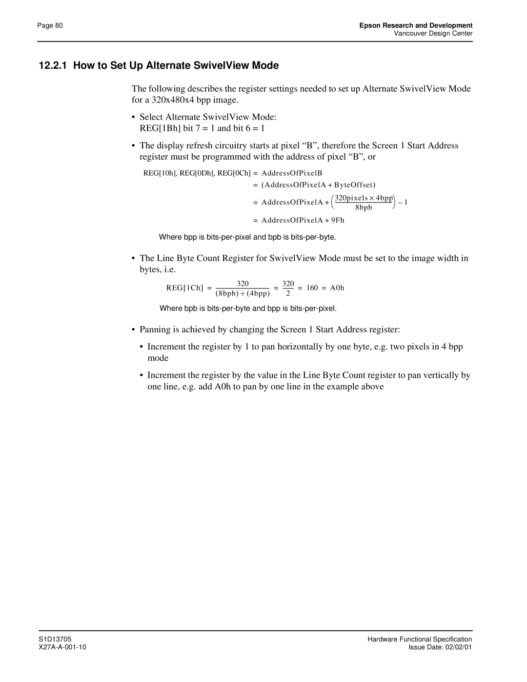 Epson S1D13705 technical manual How to Set Up Alternate SwivelView Mode 