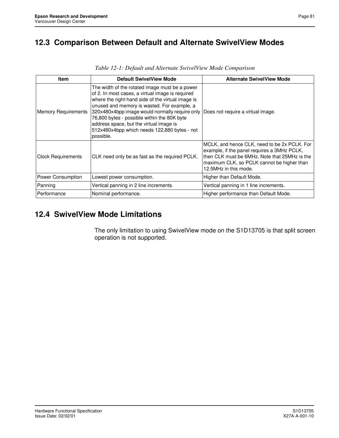 Epson S1D13705 technical manual Comparison Between Default and Alternate SwivelView Modes, SwivelView Mode Limitations 