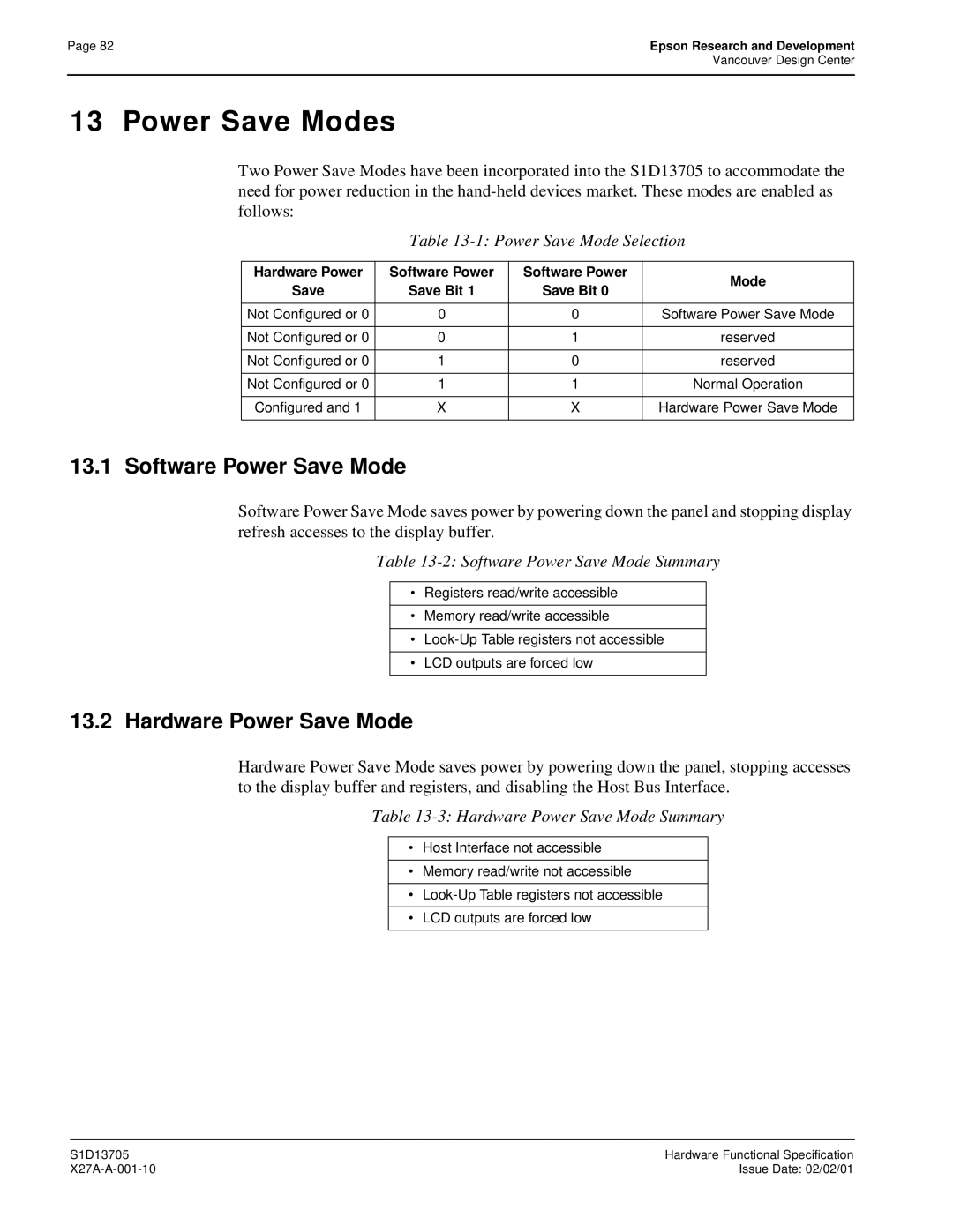 Epson S1D13705 technical manual Power Save Modes, Software Power Save Mode, Hardware Power Save Mode 