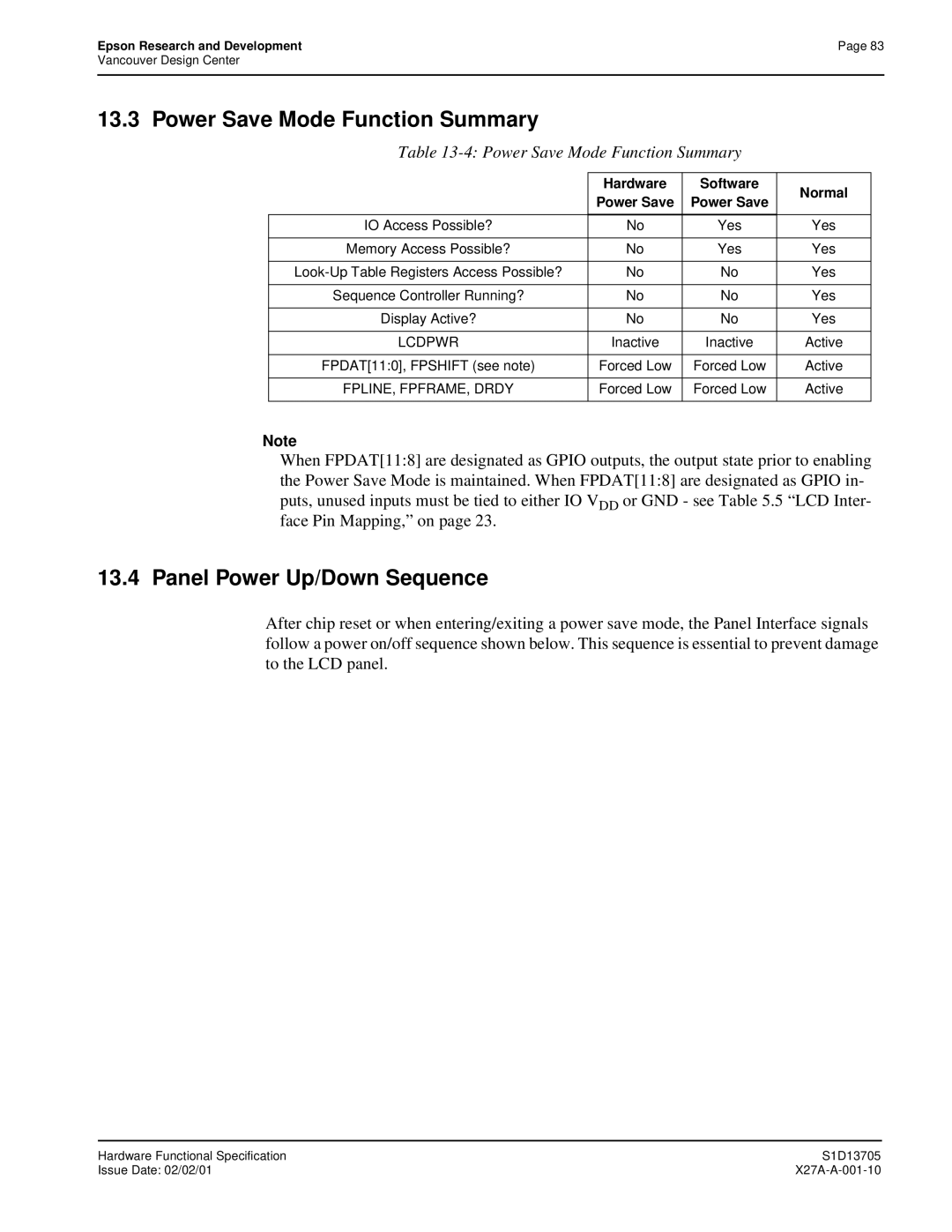 Epson S1D13705 technical manual Power Save Mode Function Summary, Panel Power Up/Down Sequence, Hardware Software Normal 