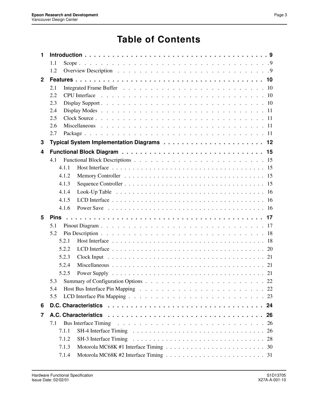 Epson S1D13705 technical manual Table of Contents 