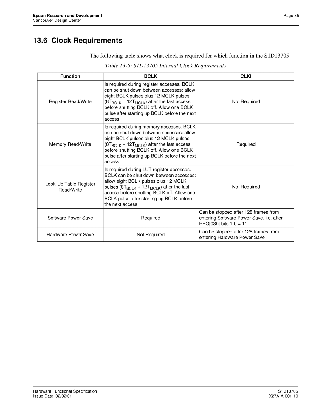 Epson technical manual S1D13705 Internal Clock Requirements 