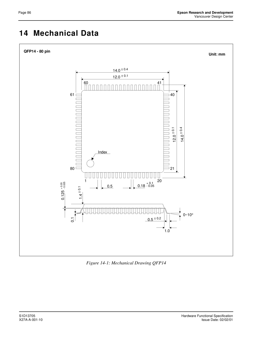 Epson S1D13705 technical manual Mechanical Data, QFP14 80 pin Unit mm, 14.0 ± 12.0 ± Index, 125, ~10 