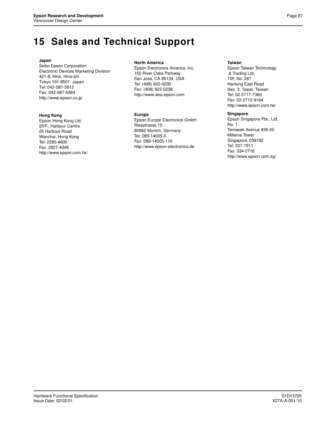 Epson S1D13705 technical manual Sales and Technical Support, Japan North America Taiwan 