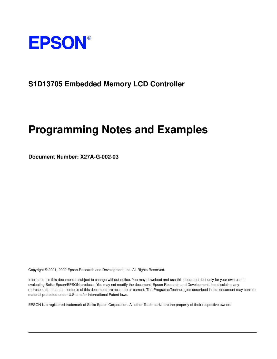 Epson S1D13705 technical manual Programming Notes and Examples, Document Number X27A-G-002-03 