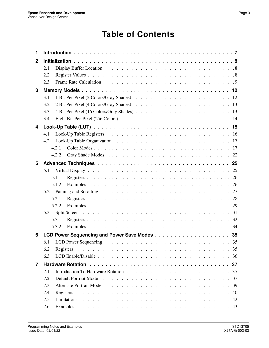 Epson S1D13705 Introduction Initialization, Memory Models, Look-Up Table LUT, Advanced Techniques, Hardware Rotation 