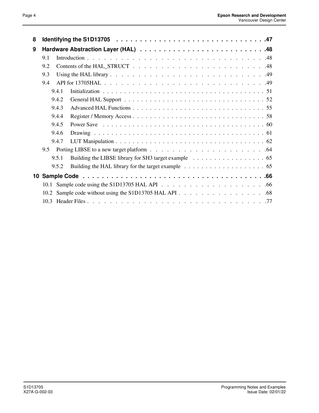 Epson technical manual Identifying the S1D13705 Hardware Abstraction Layer HAL, Sample Code 