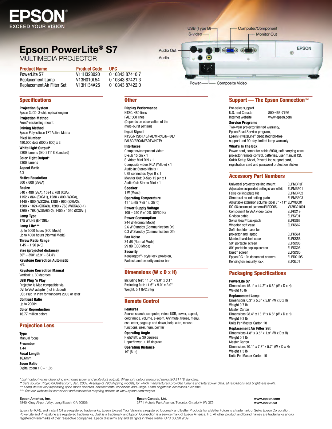 Epson specifications Epson PowerLite S7 