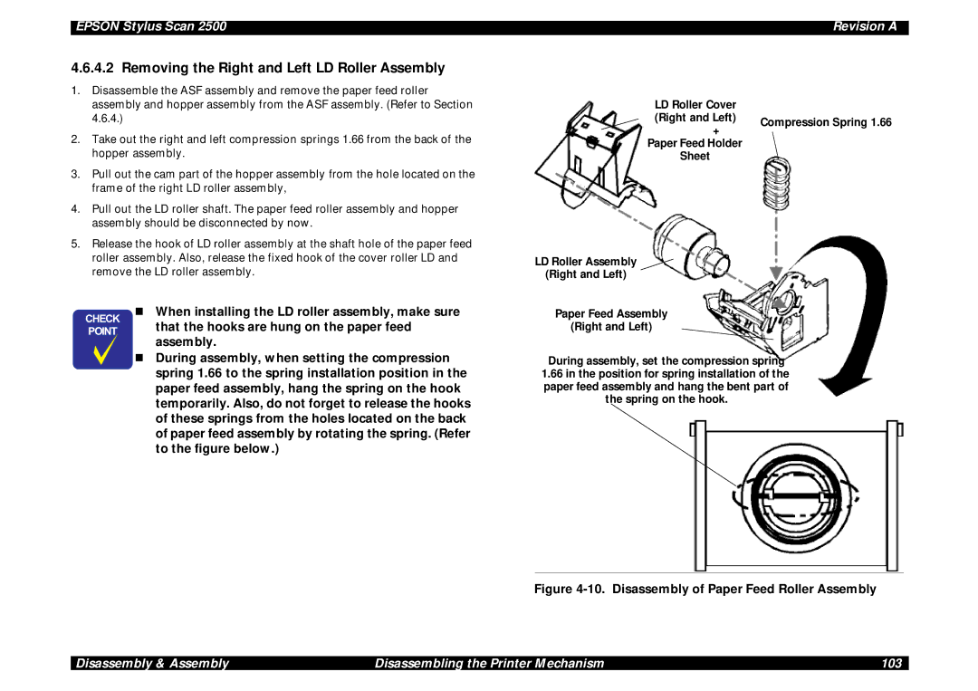 Epson Scan 2500 Removing the Right and Left LD Roller Assembly, When installing the LD roller assembly, make sure 