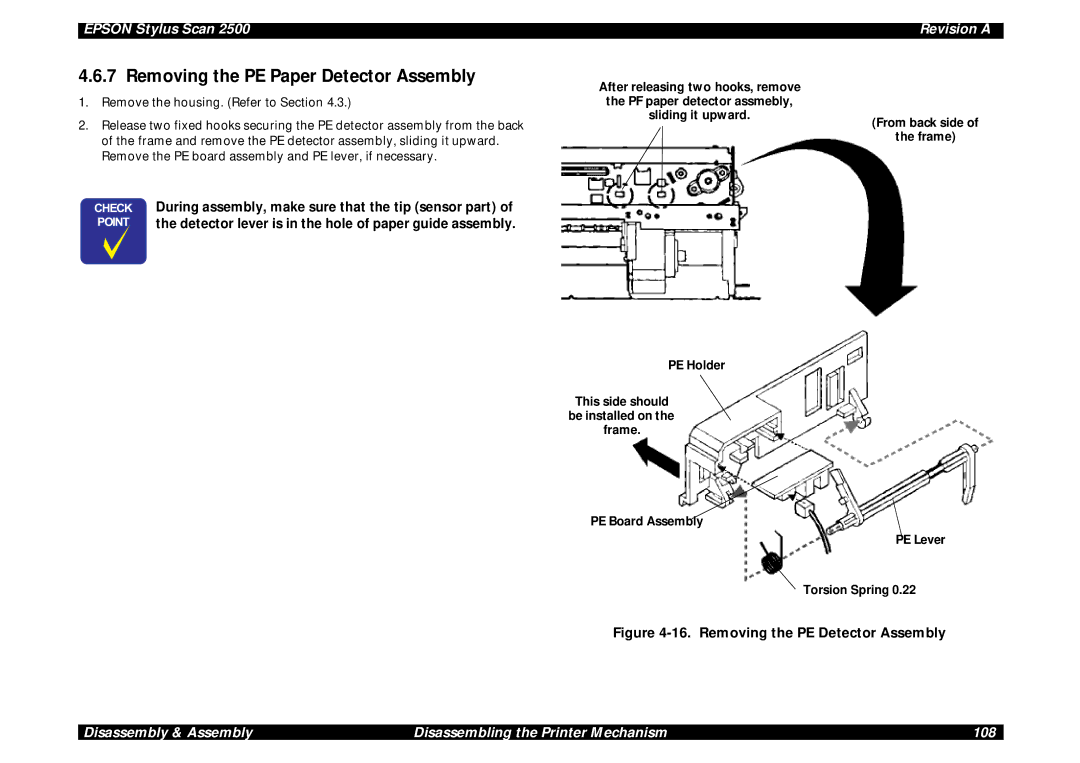 Epson Scan 2500 service manual Removing the PE Paper Detector Assembly, Removing the PE Detector Assembly 