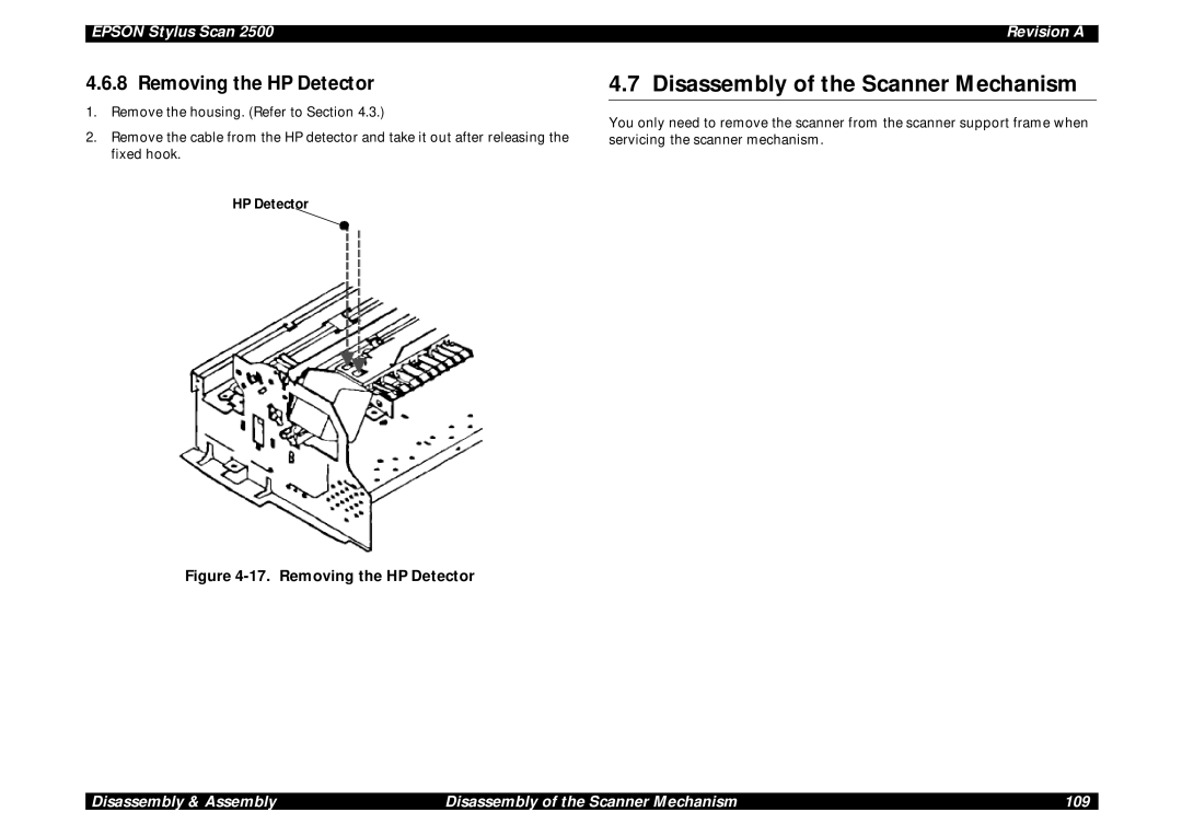 Epson Scan 2500 service manual Disassembly of the Scanner Mechanism, Removing the HP Detector 