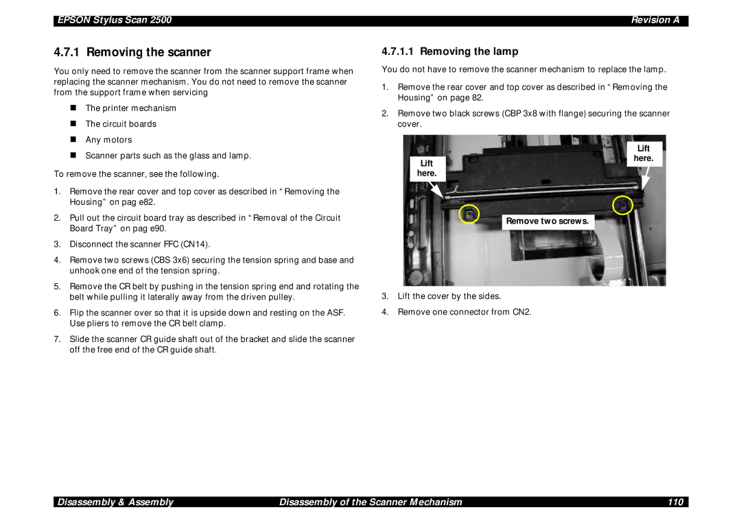 Epson Scan 2500 service manual Removing the scanner, Removing the lamp, Remove two screws 