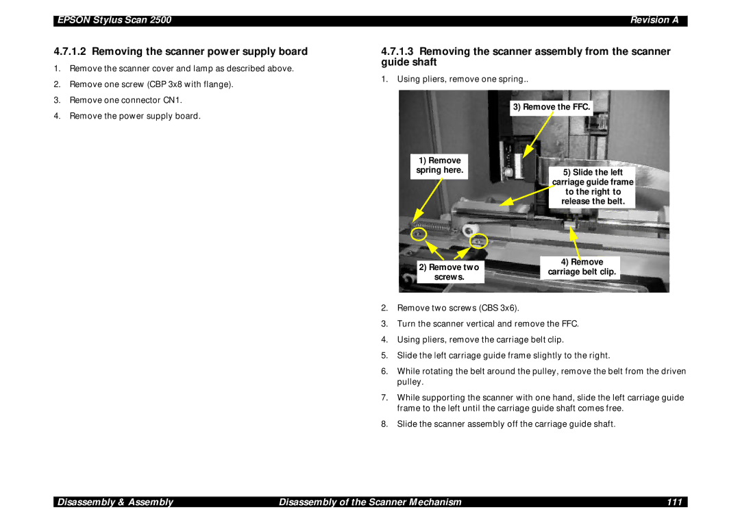 Epson Scan 2500 Removing the scanner power supply board, Removing the scanner assembly from the scanner guide shaft 
