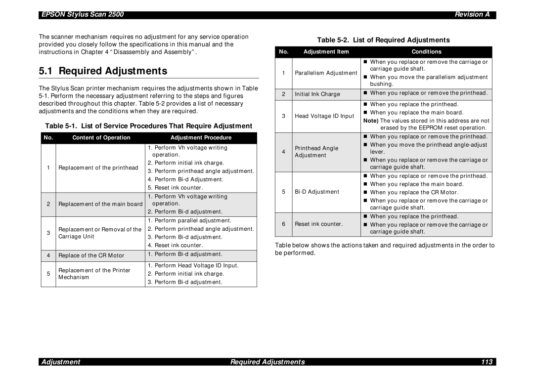 Epson Scan 2500 service manual List of Service Procedures That Require Adjustment, List of Required Adjustments 