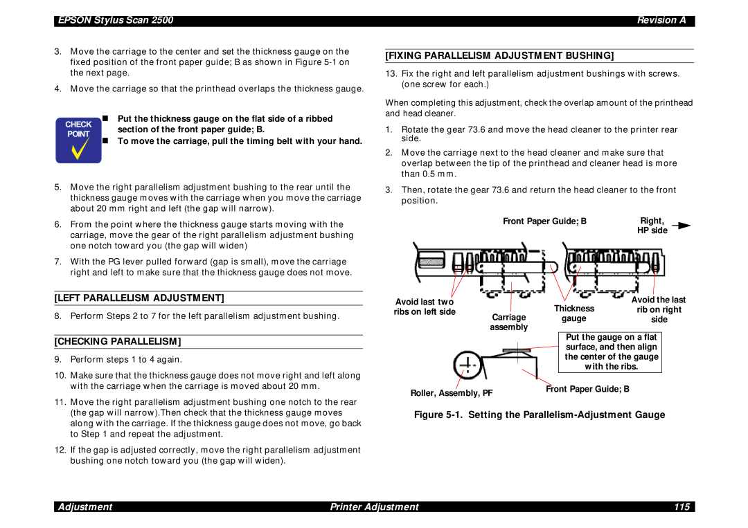 Epson Scan 2500 service manual Left Parallelism Adjustment, Checking Parallelism, Fixing Parallelism Adjustment Bushing 