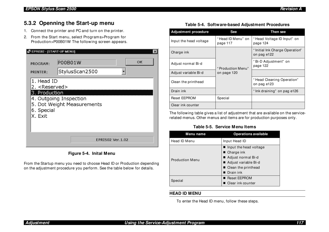 Epson Scan 2500 Openning the Start-up menu, Software-based Adjustment Procedures, Service Menu Items, Head ID Menu 