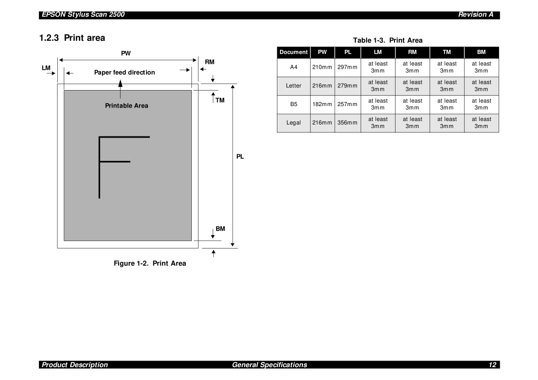 Epson Scan 2500 service manual Print area, Print Area, Paper feed direction Printable Area 