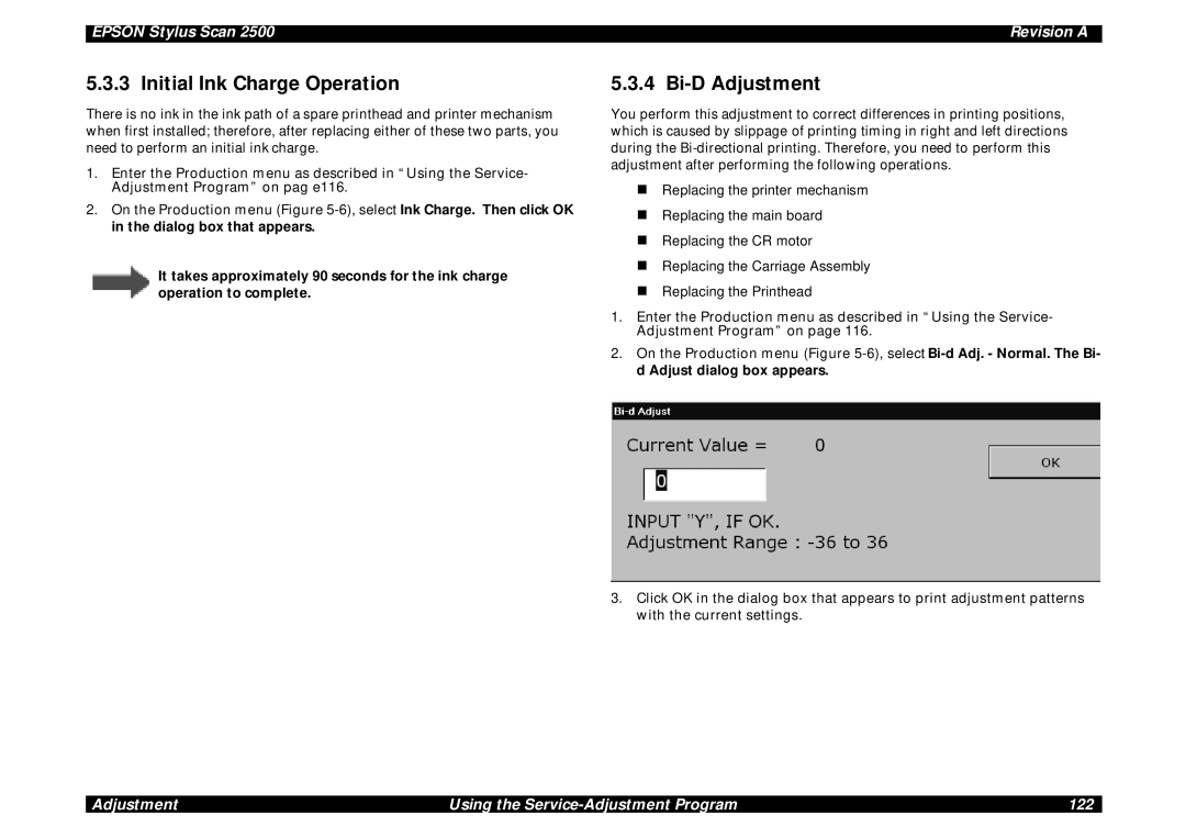 Epson Scan 2500 service manual Initial Ink Charge Operation, Bi-D Adjustment 